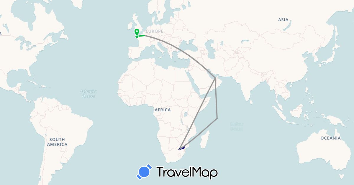 TravelMap itinerary: driving, bus, plane in United Arab Emirates, France, Seychelles, South Africa (Africa, Asia, Europe)